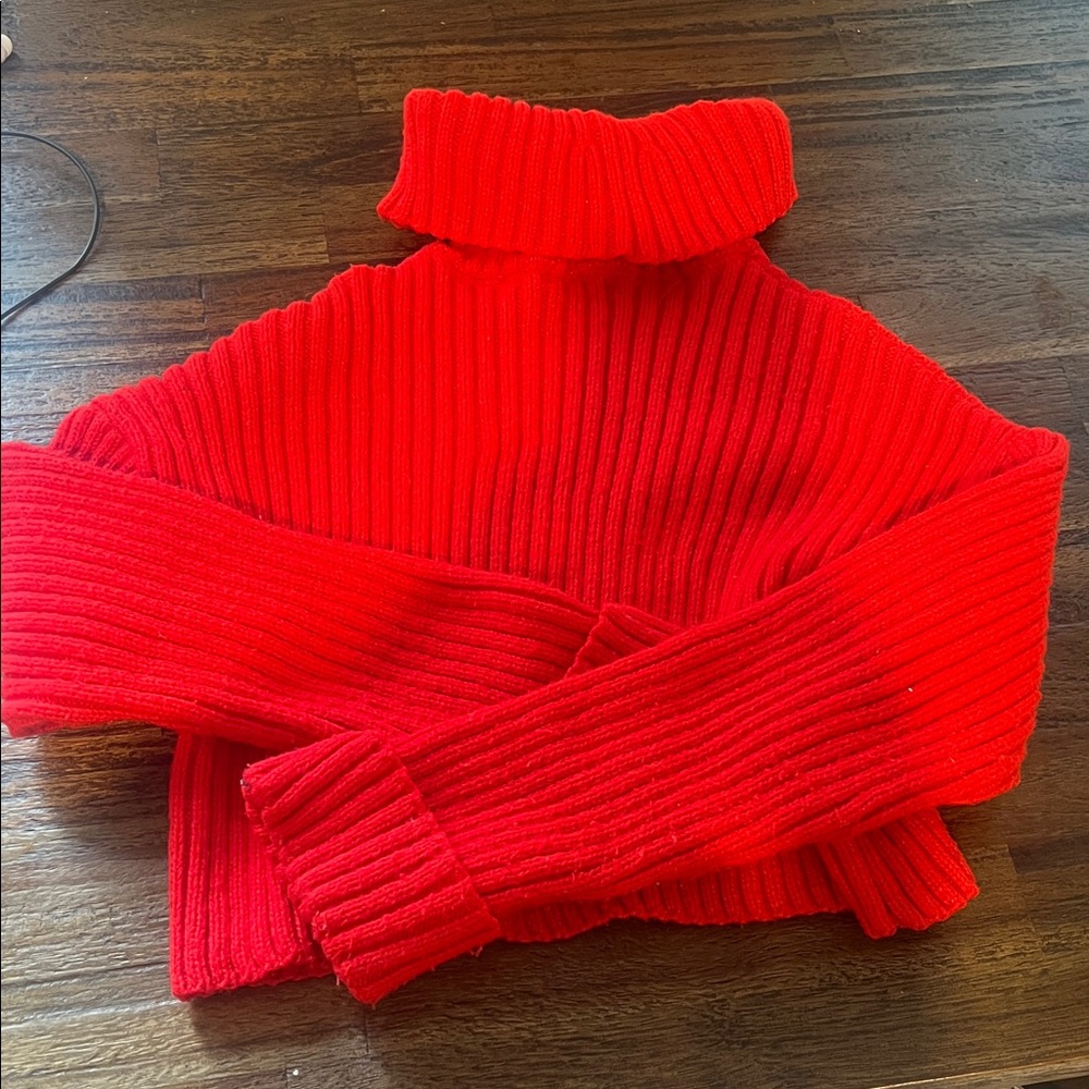 Bright Red Cropped Ribbed Turtleneck Sweater